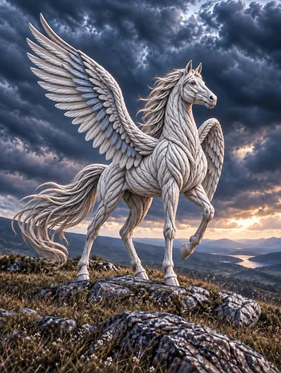 Majestic Pegasus Statue Standing On A Rocky Hilltop