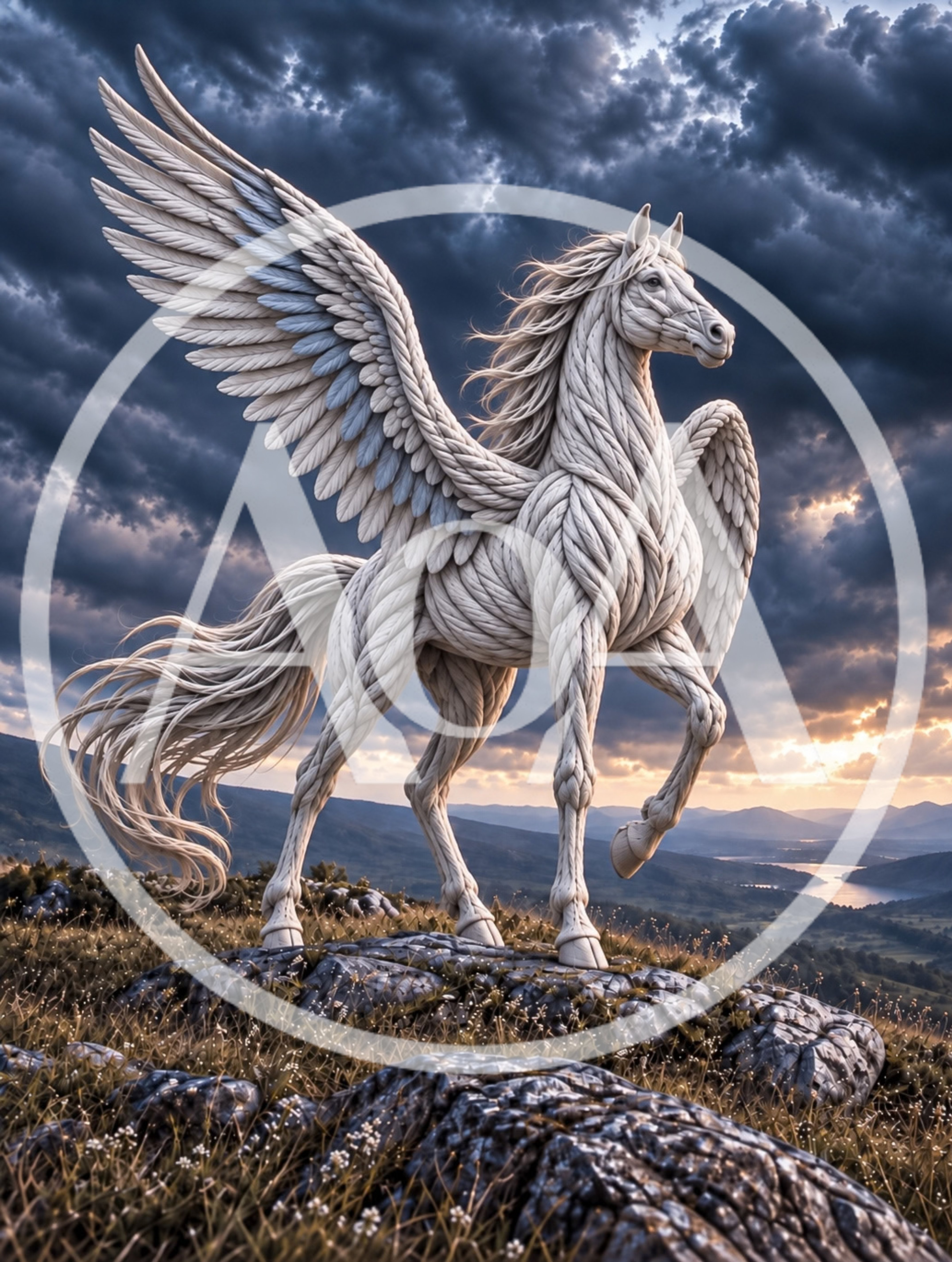 Majestic Pegasus Statue Standing On A Rocky Hilltop