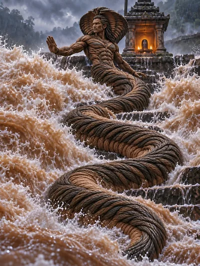 Mythical Naga Deity Emerging From Raging Floodwaters