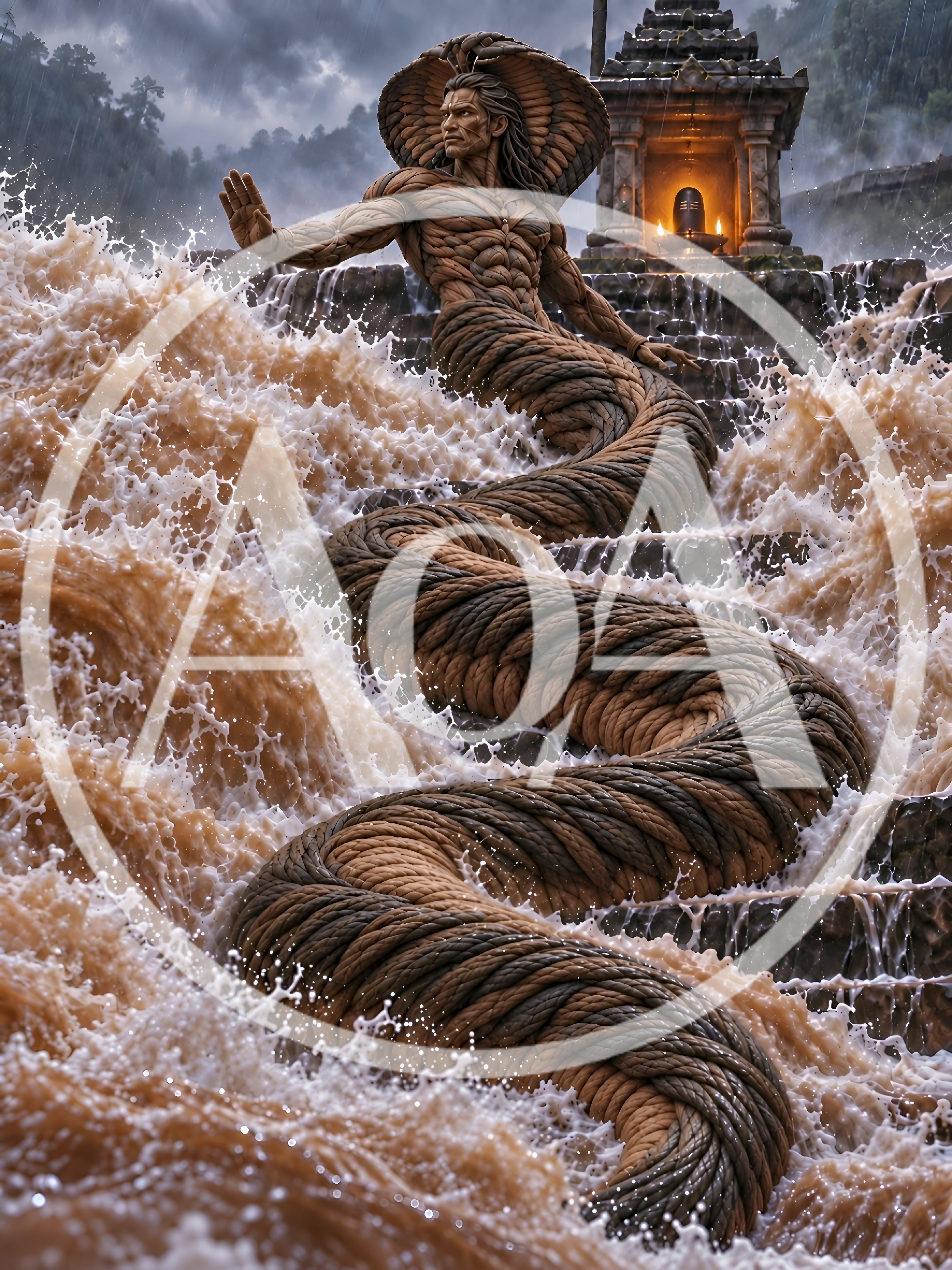 Mythical Naga Deity Emerging From Raging Floodwaters