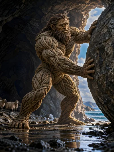 Cyclops Made Of Rope Pushing A Large Cave Boulder