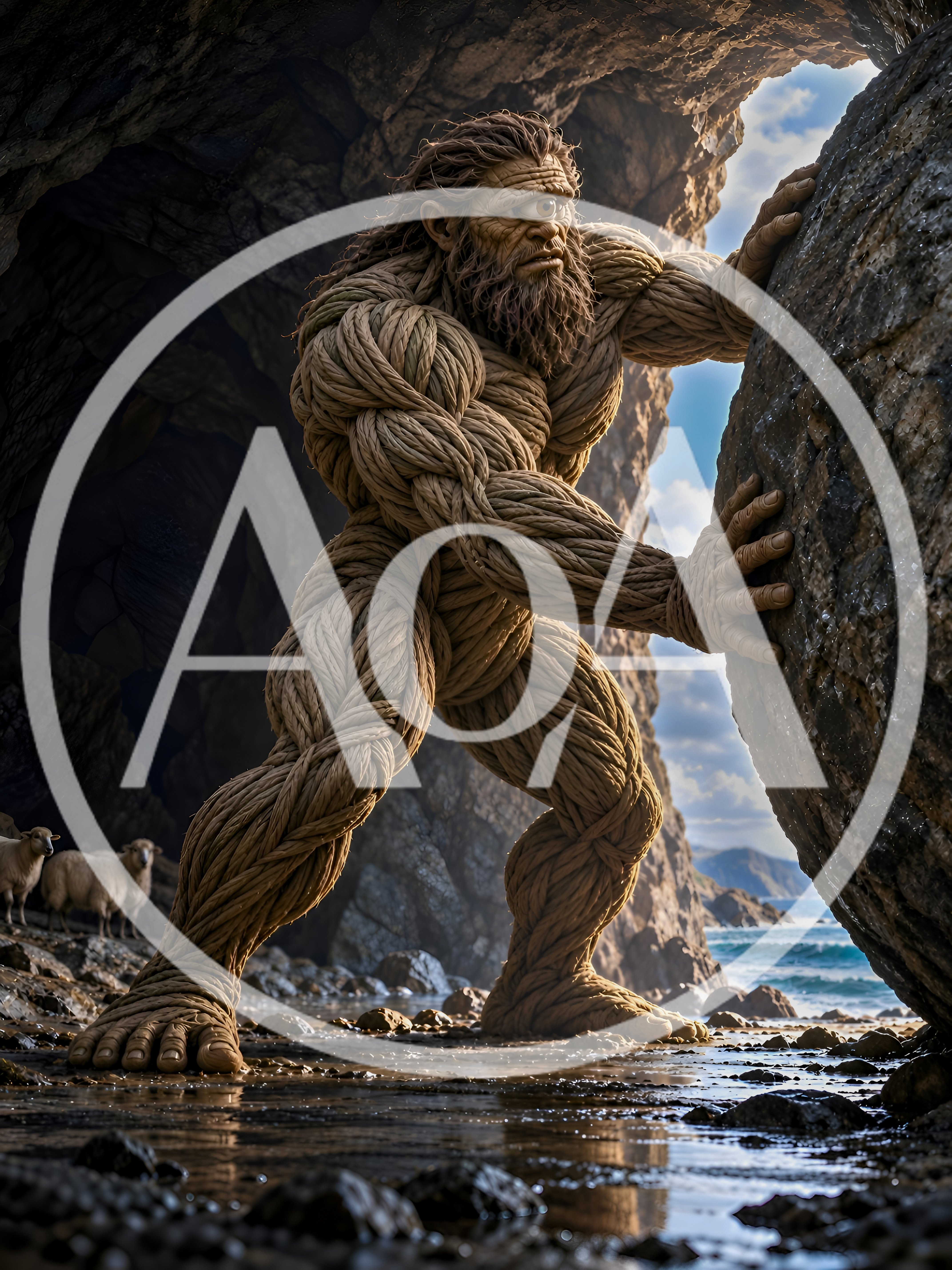 Cyclops Made Of Rope Pushing A Large Cave Boulder