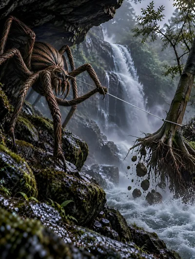 Giant Woven Spider Construct Near A Waterfall