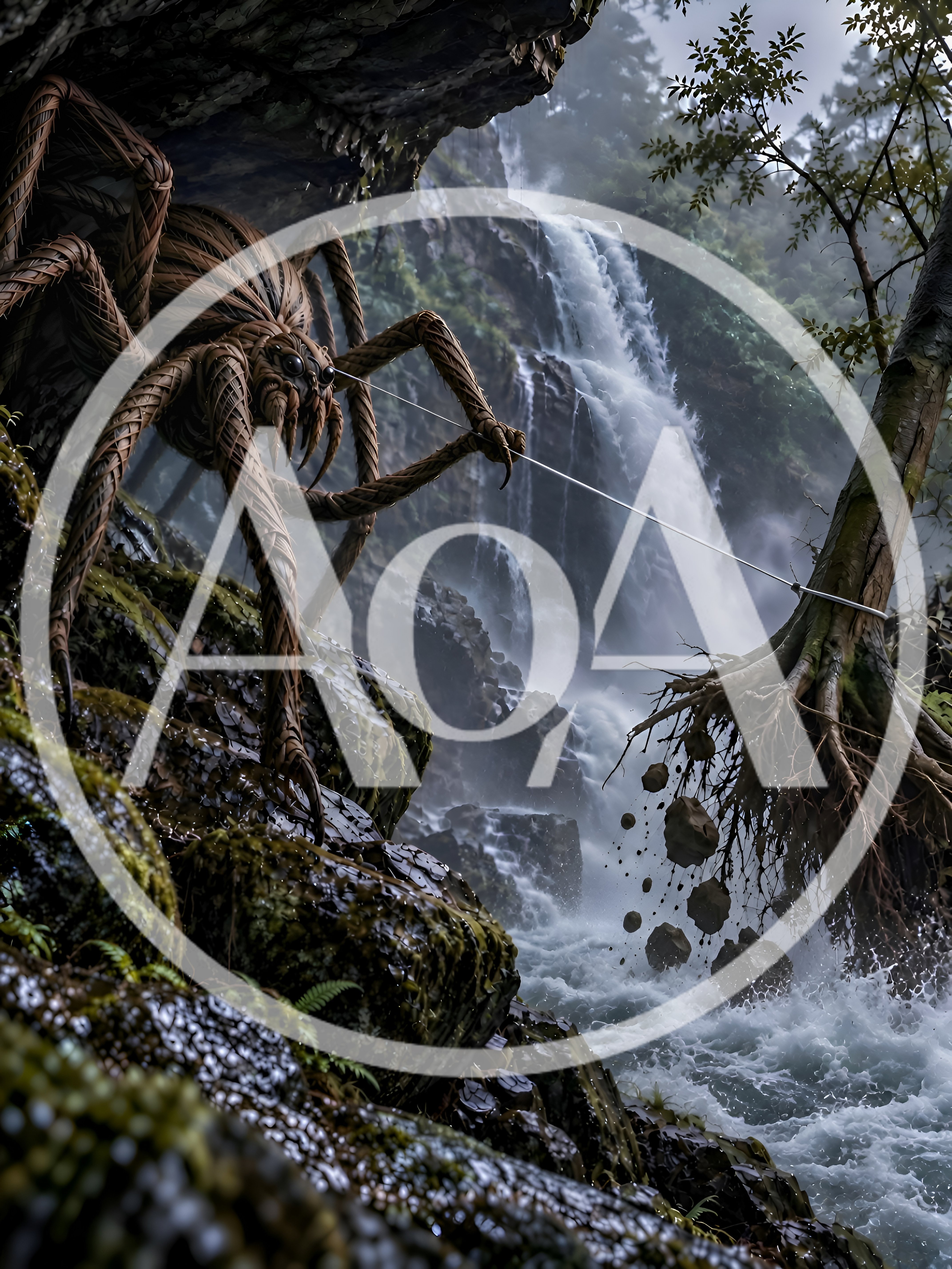 Giant Woven Spider Construct Near A Waterfall