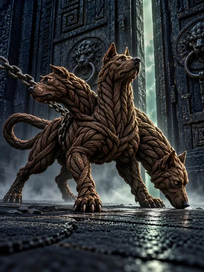 Three Headed Rope Texture Cerberus Guarding Ancient Gates