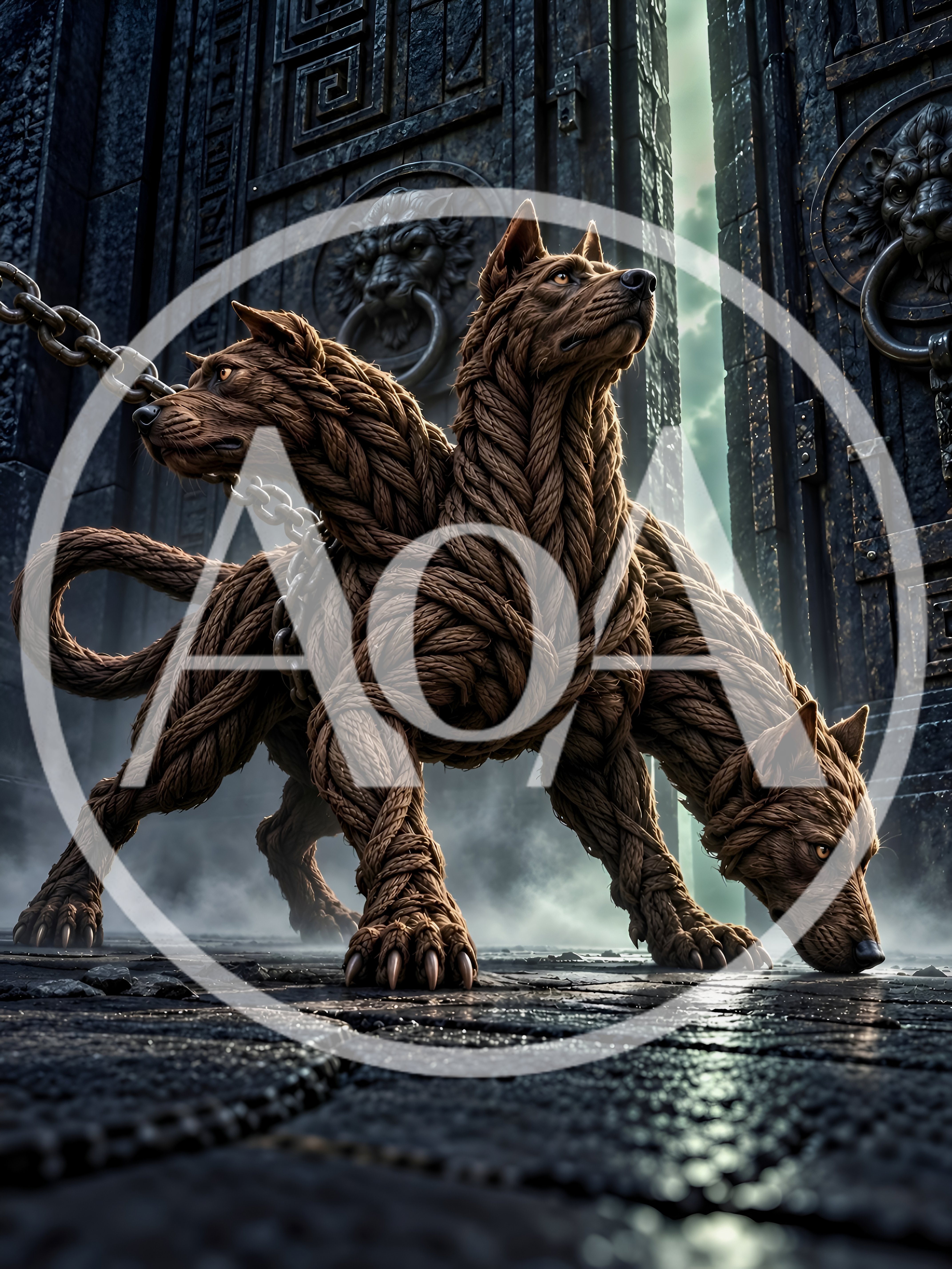 Three Headed Rope Texture Cerberus Guarding Ancient Gates