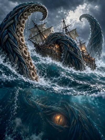 Giant Kraken Attacking A Wooden Sailing Ship