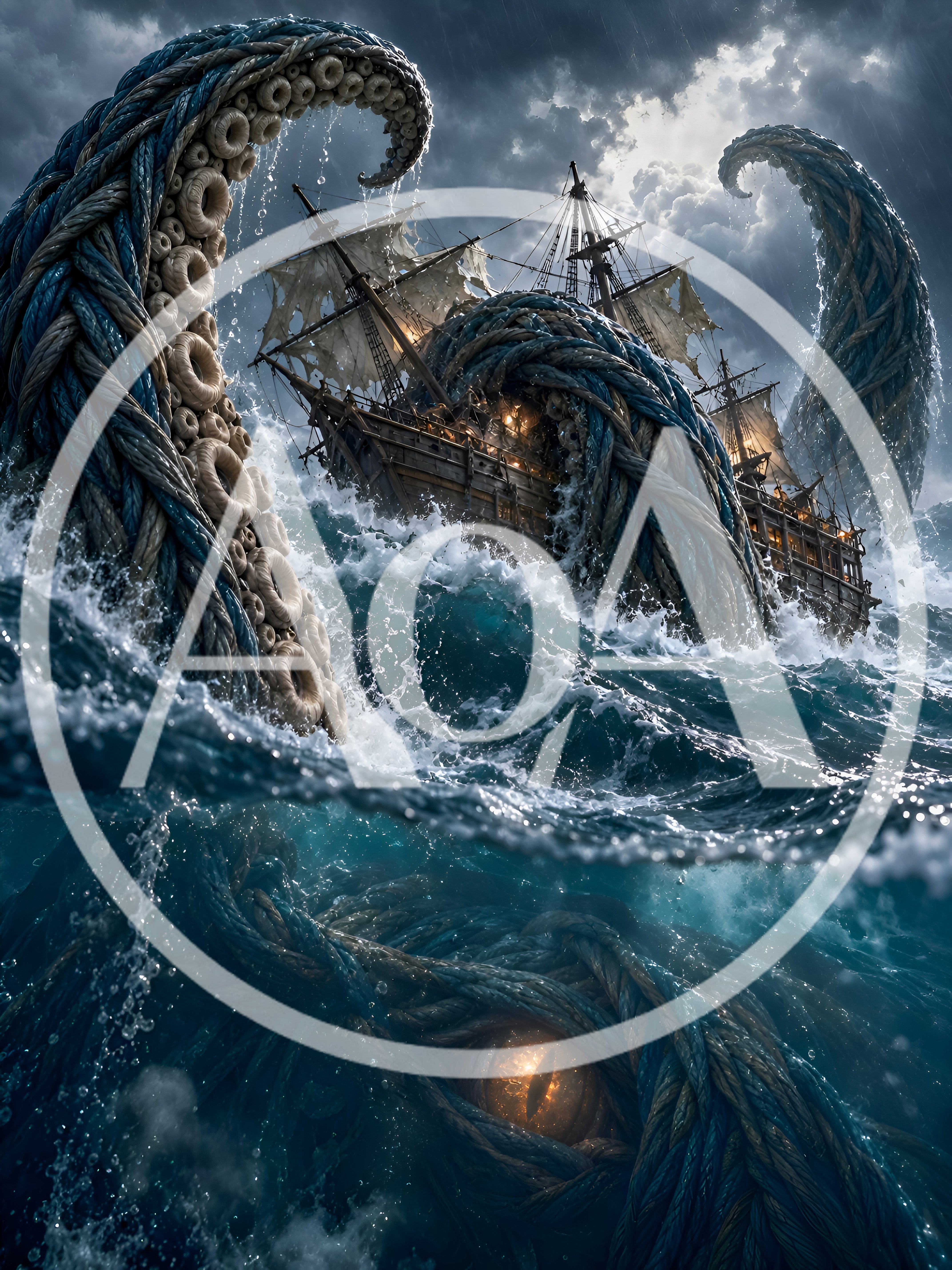 Giant Kraken Attacking A Wooden Sailing Ship