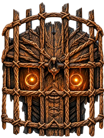 Mystical Wooden Mask With Glowing Eyes And Rope Bindings