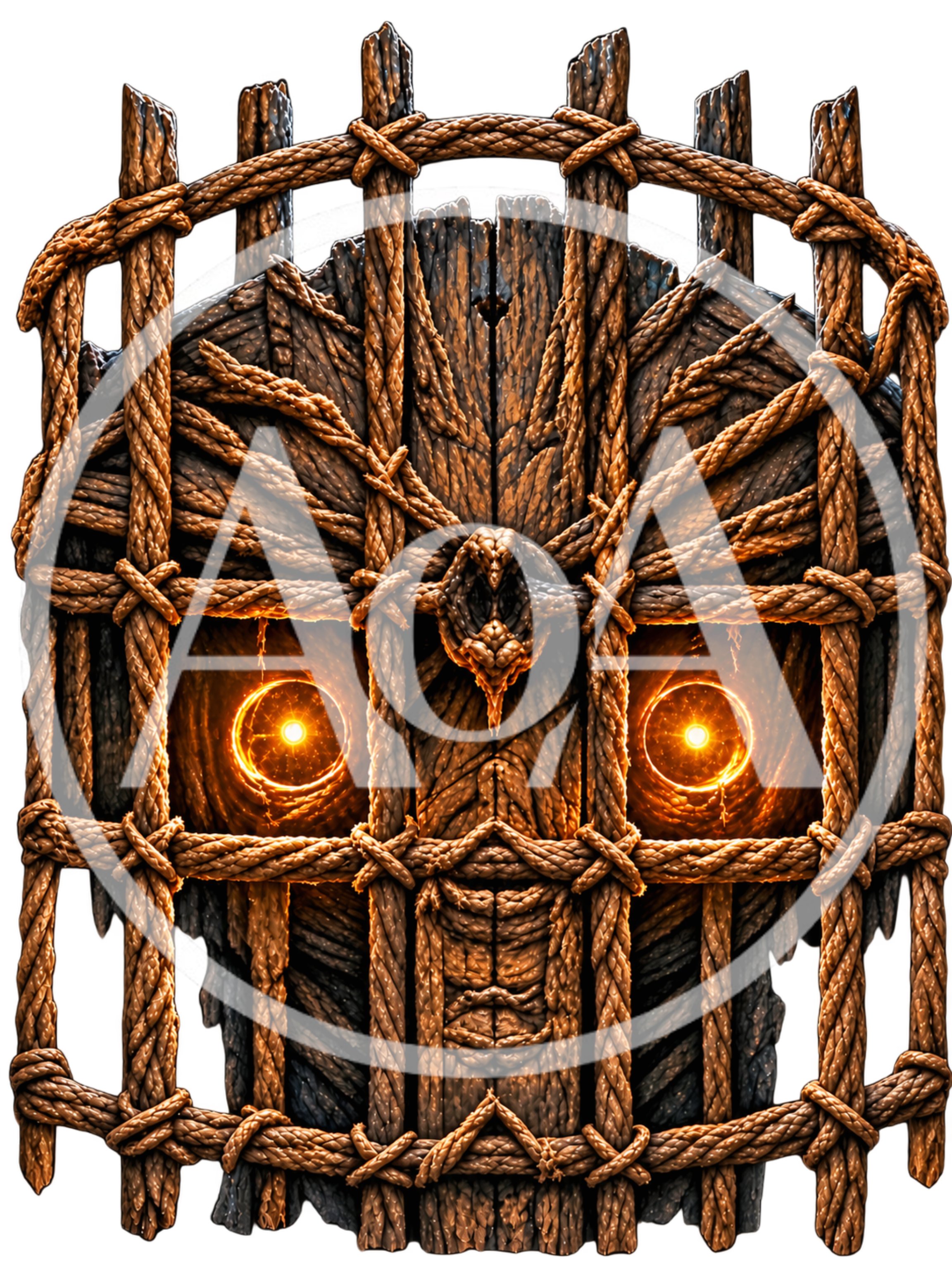 Mystical Wooden Mask With Glowing Eyes And Rope Bindings