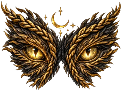 Golden Cat Eyes With Braided Fur And Crescent Moon