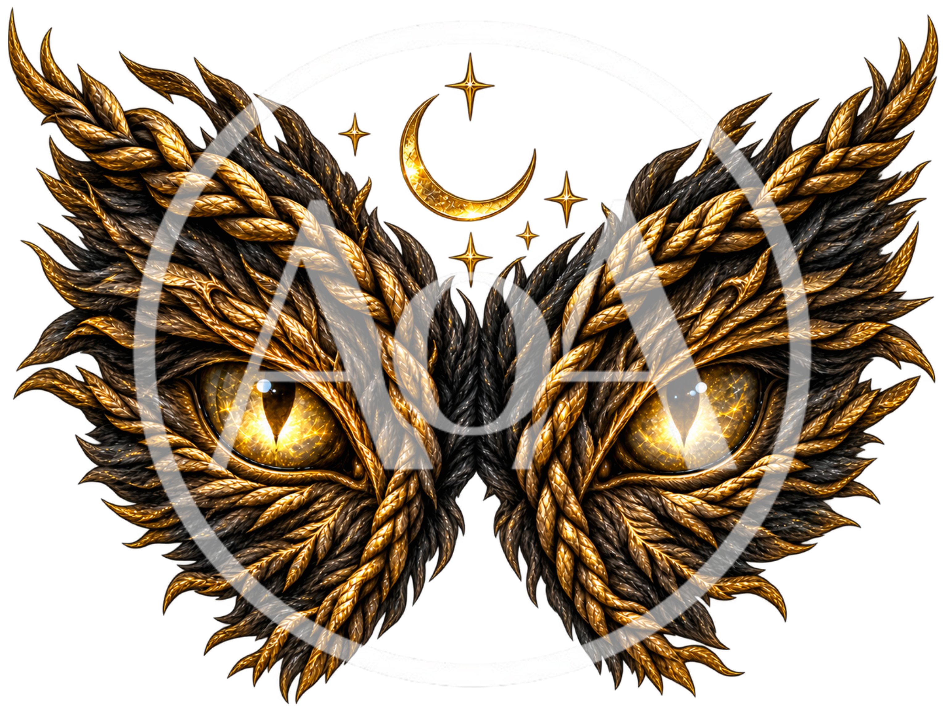 Golden Cat Eyes With Braided Fur And Crescent Moon