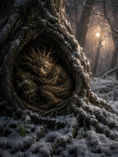 Sleeping Tree Spirit In A Snowy Forest Hollow