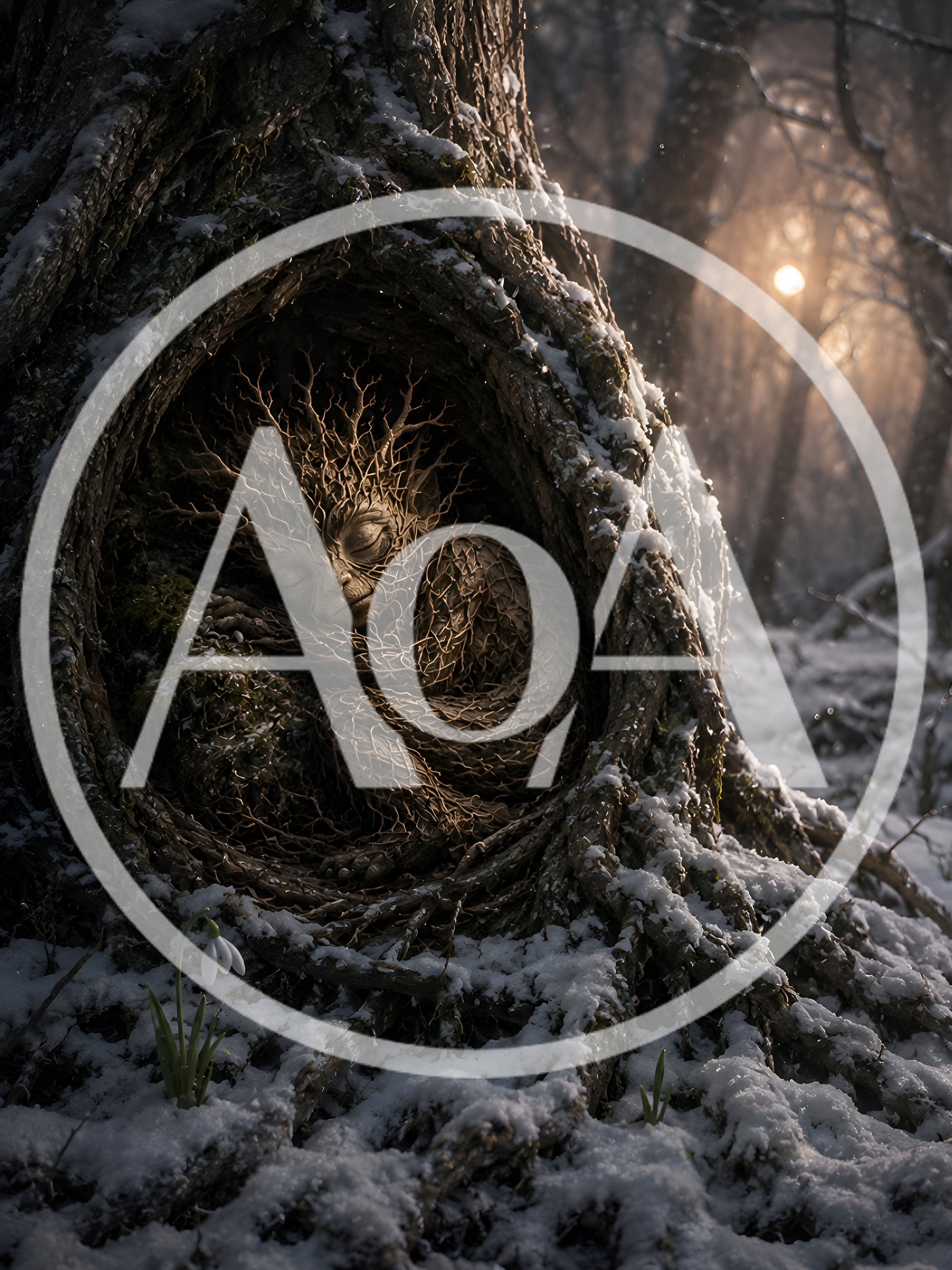 Sleeping Tree Spirit In A Snowy Forest Hollow