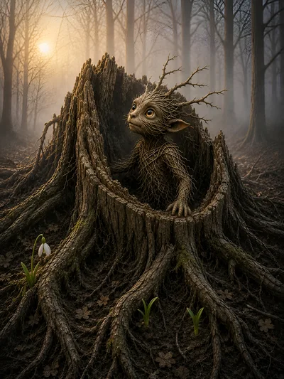 Fantasy Tree Spirit Emerging From A Forest Stump