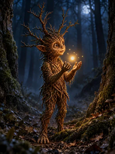 Fantasy Forest Creature Holding Glowing Magical Light