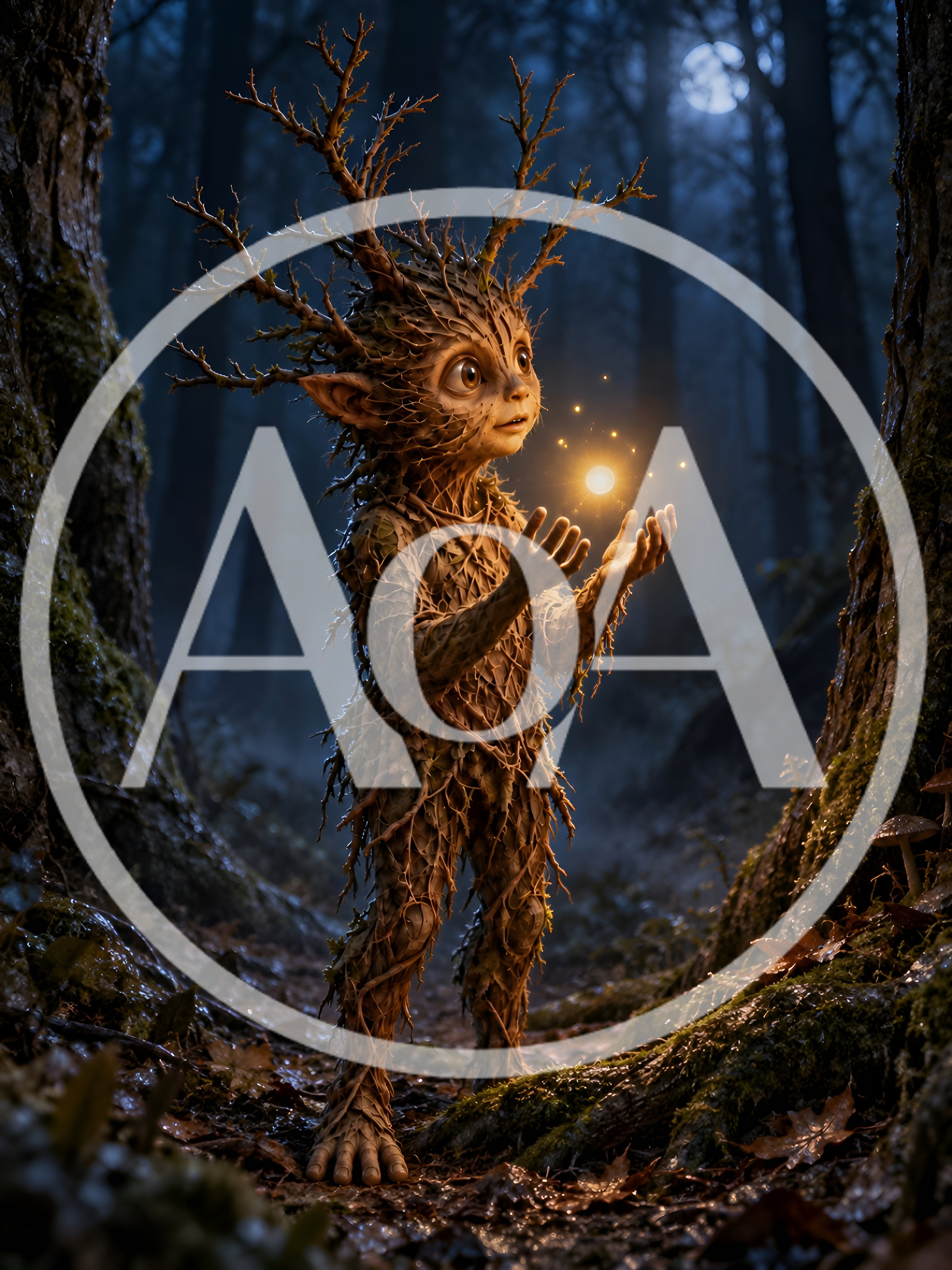 Fantasy Forest Creature Holding Glowing Magical Light
