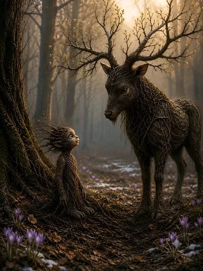 Enchanted Forest Creature Meeting A Mythical Tree Deer