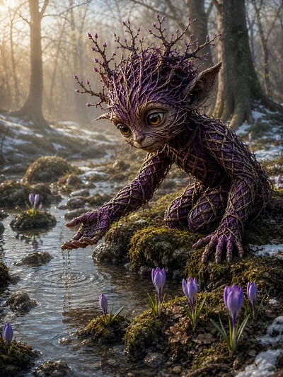 Fantasy Forest Creature Touching A Stream