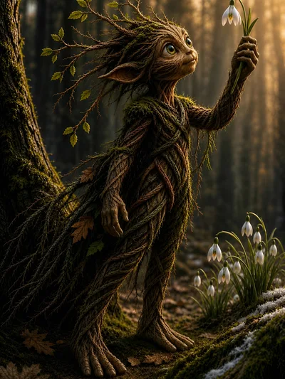 Fantasy Tree Creature Holding A Snowdrop Flower