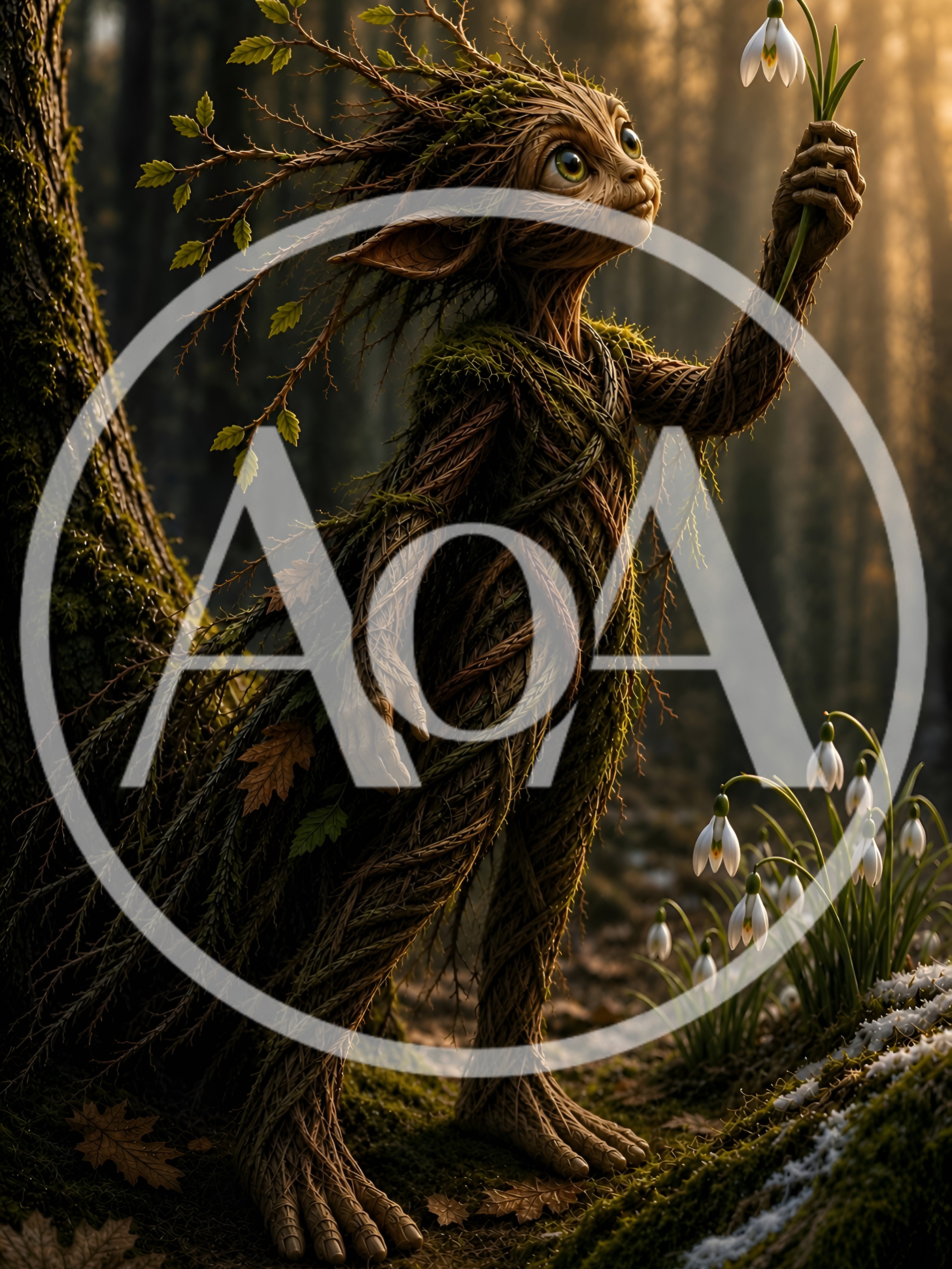 Fantasy Tree Creature Holding A Snowdrop Flower