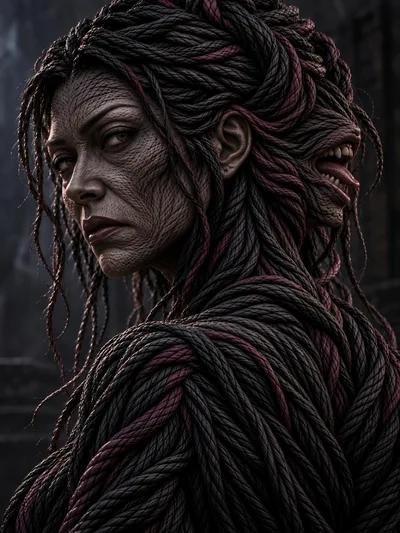 Surreal Portrait Of A Monstrous Woman With Rope Hair