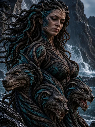 Mythical Sea Goddess With Three Wolf Heads