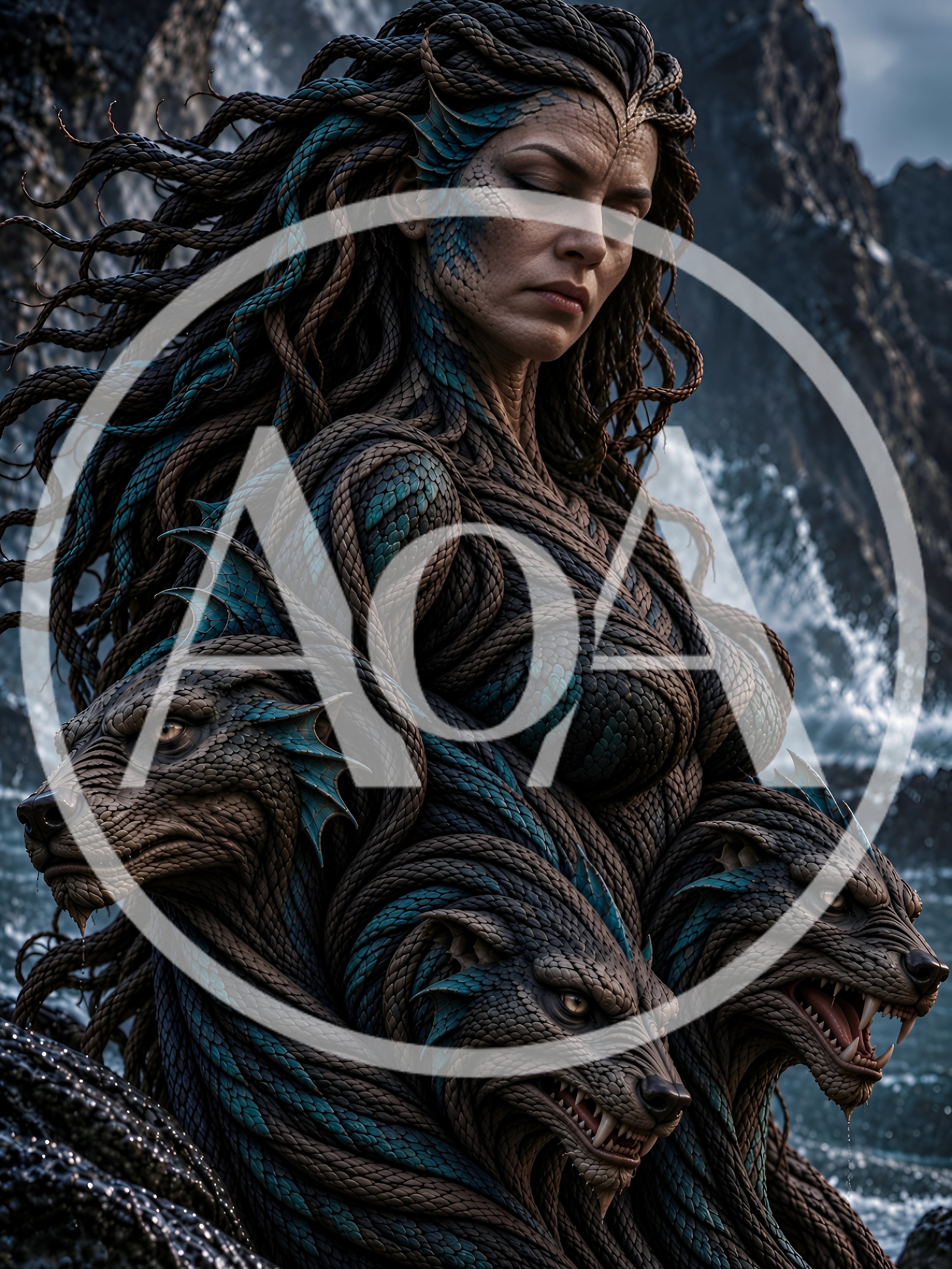 Mythical Sea Goddess With Three Wolf Heads