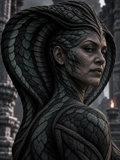 Fantasy Serpent Woman Portrait In Ancient Temple