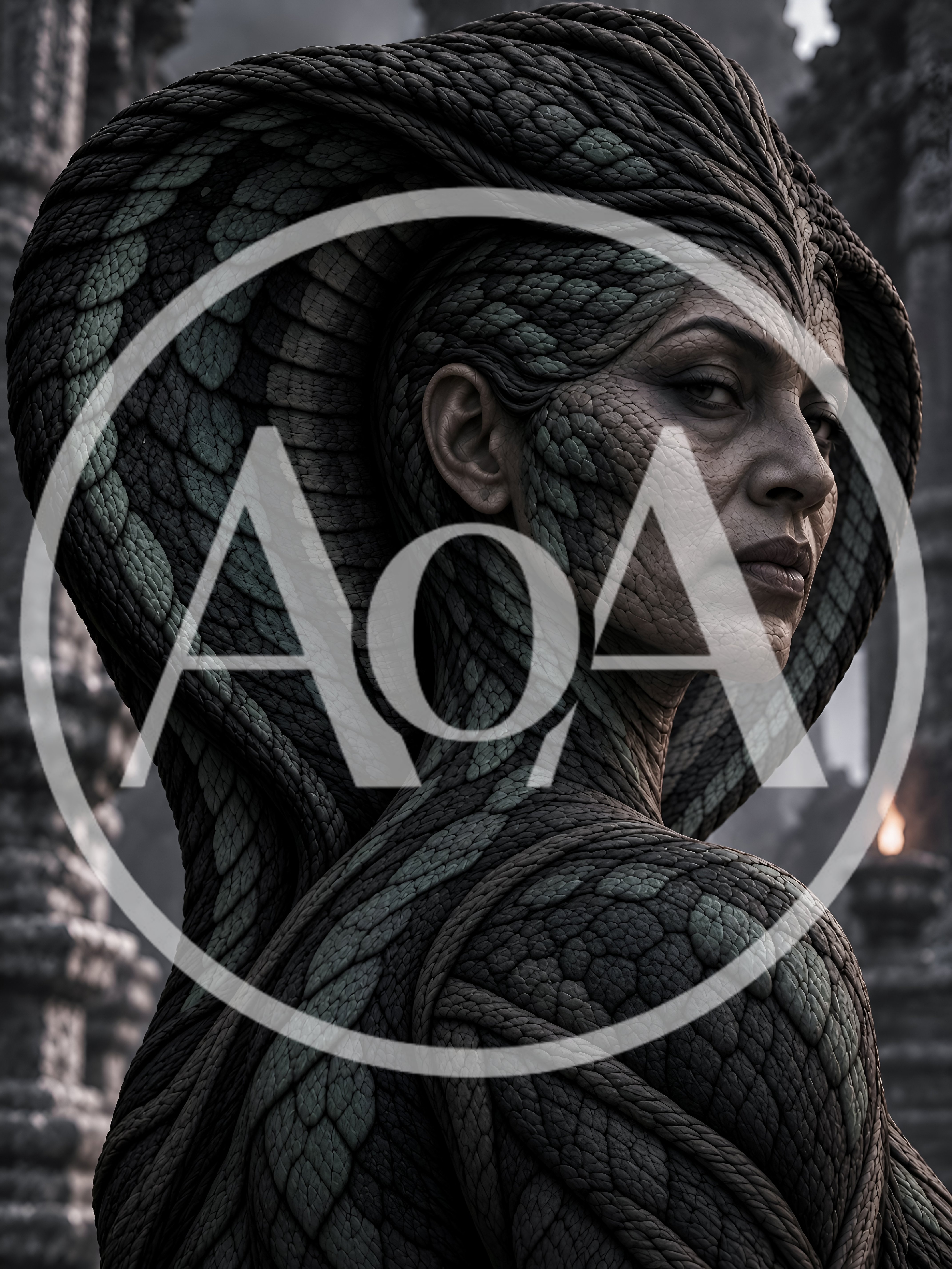 Fantasy Serpent Woman Portrait In Ancient Temple
