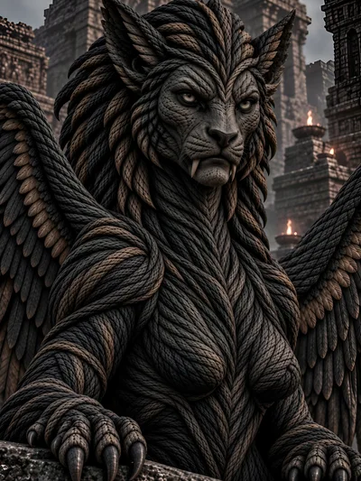 Majestic Winged Feline Sphinx Statue In Ancient Temple