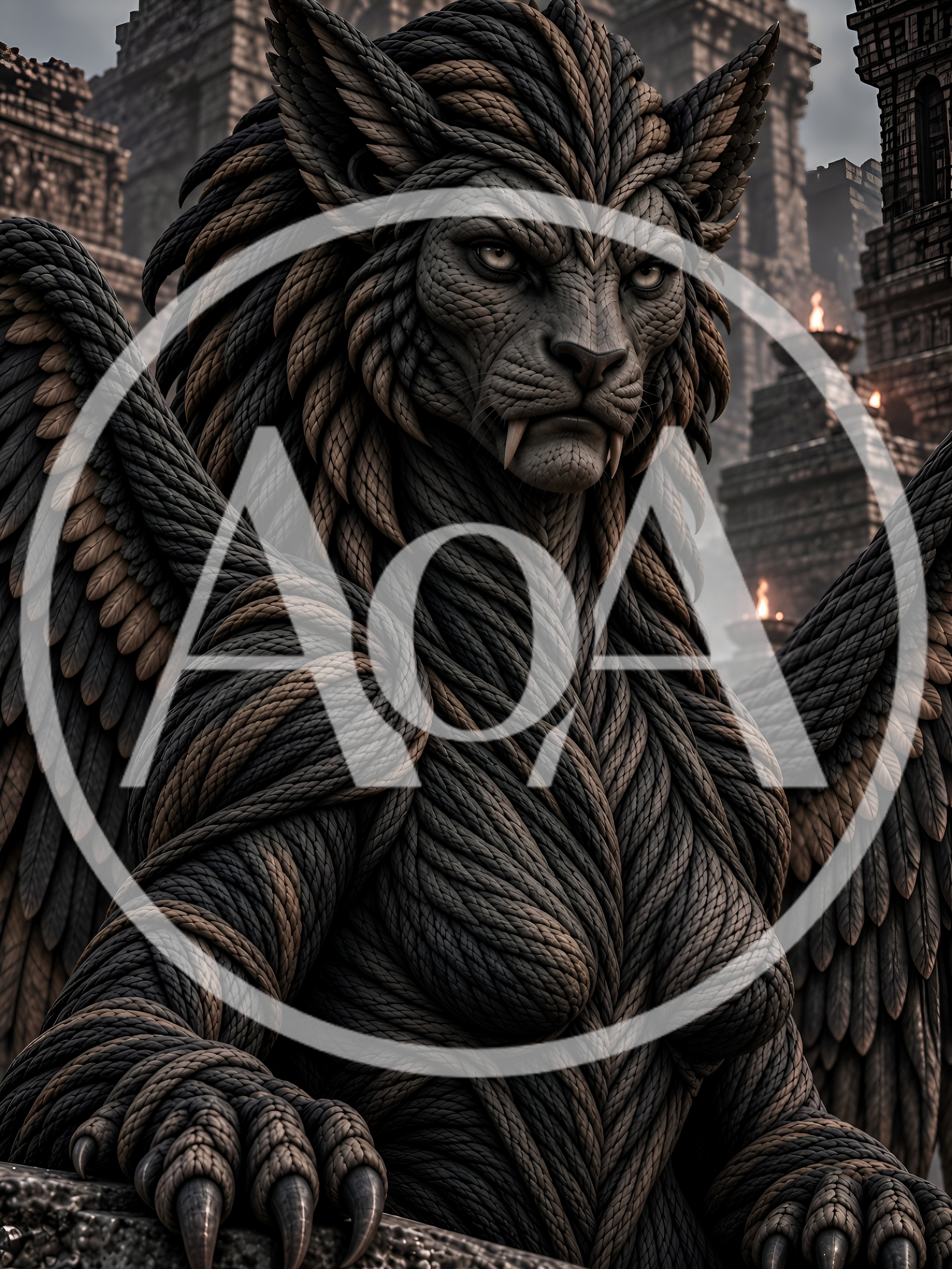 Majestic Winged Feline Sphinx Statue In Ancient Temple