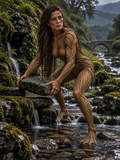 Mythical Basque Lamia Creature Standing In A Mountain Stream