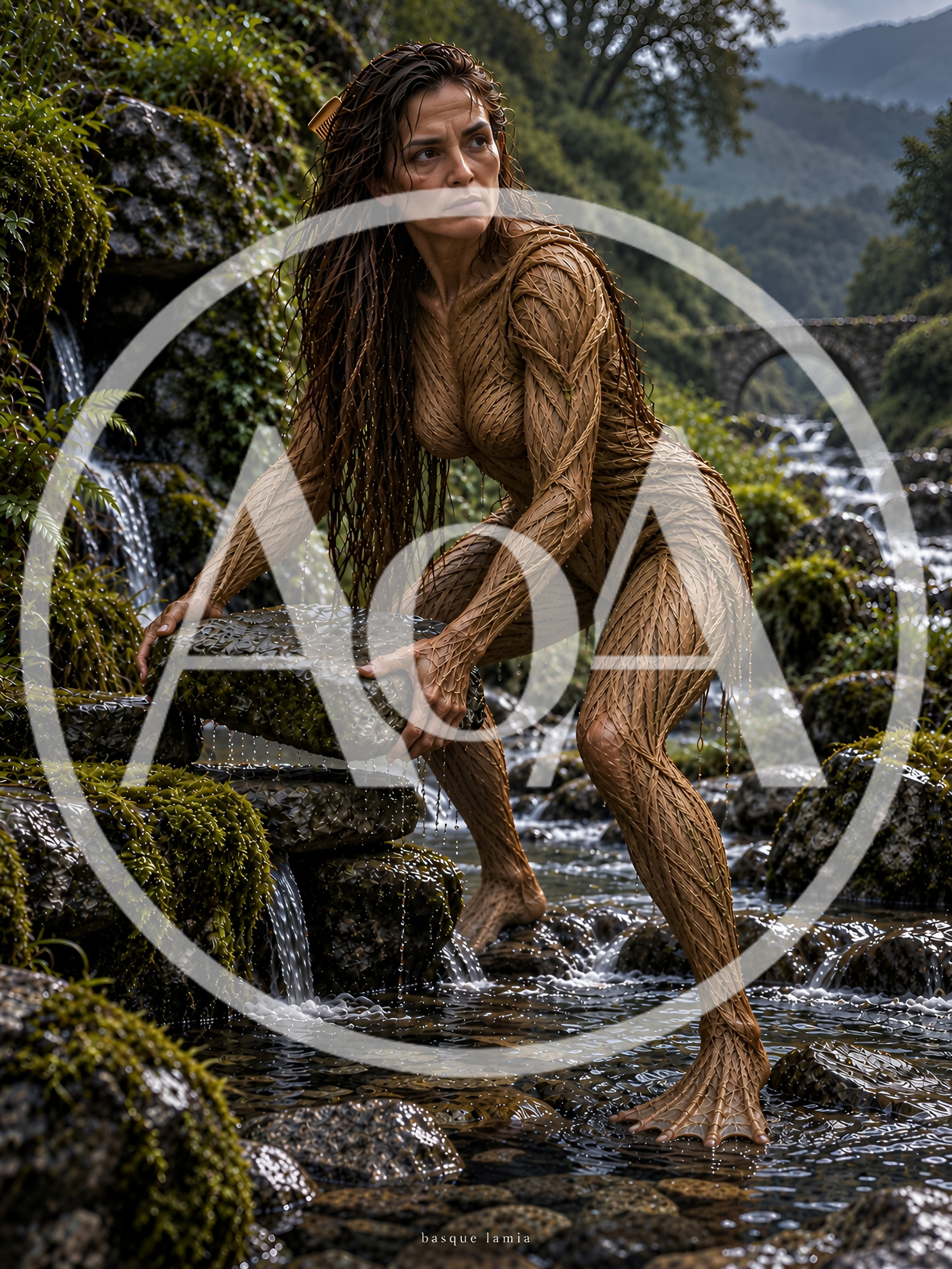 Mythical Basque Lamia Creature Standing In A Mountain Stream
