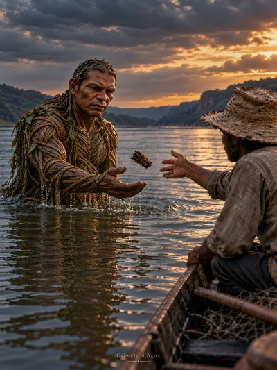 Mythical River Creature Interacting With A Fisherman