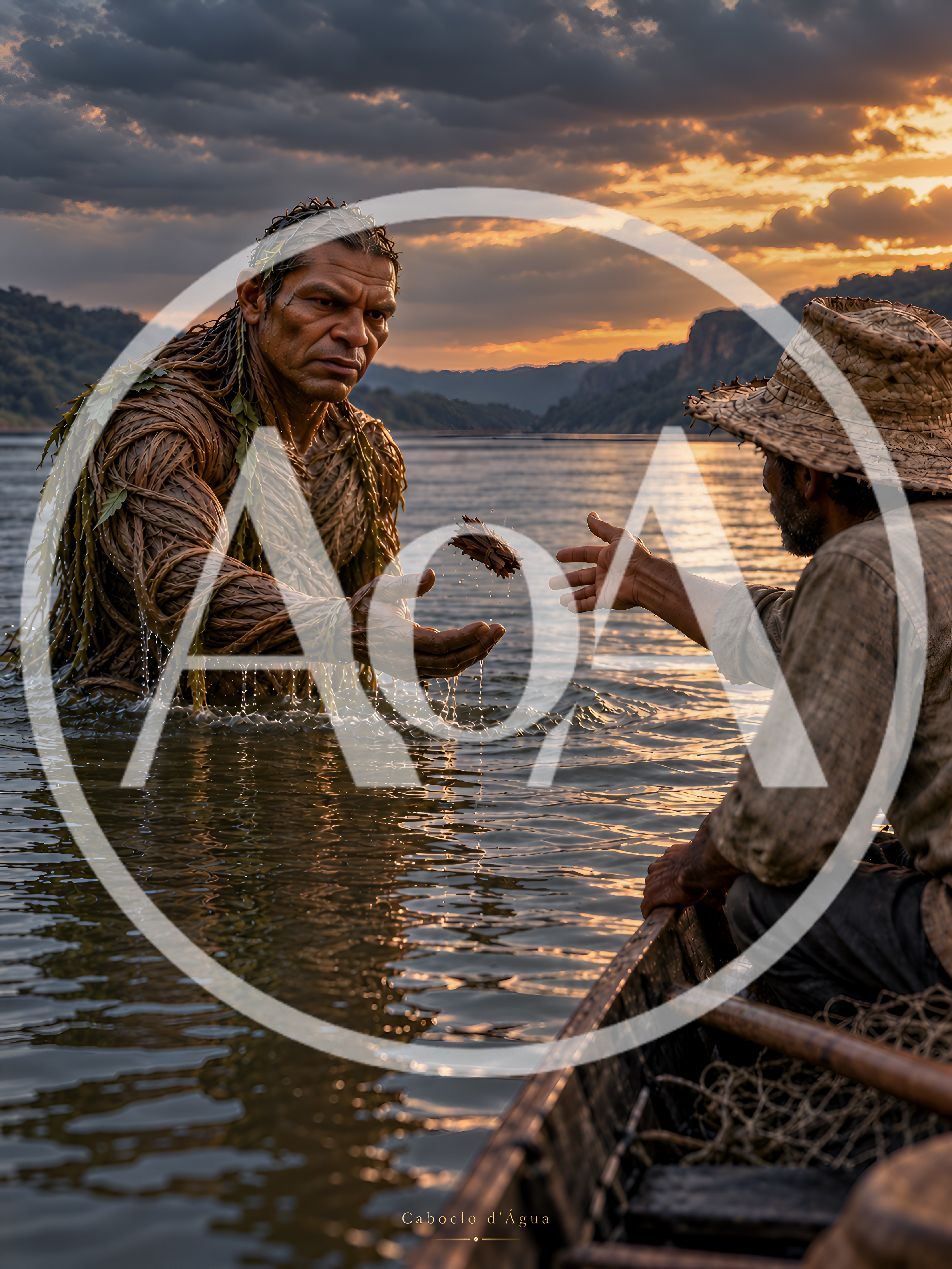 Mythical River Creature Interacting With A Fisherman