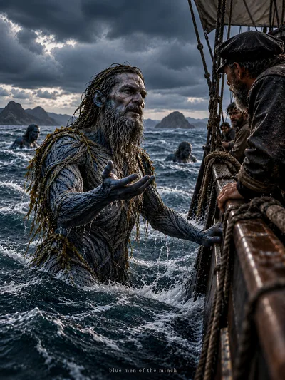 Mythical Blue Sea Men Encountering Sailors At Sea