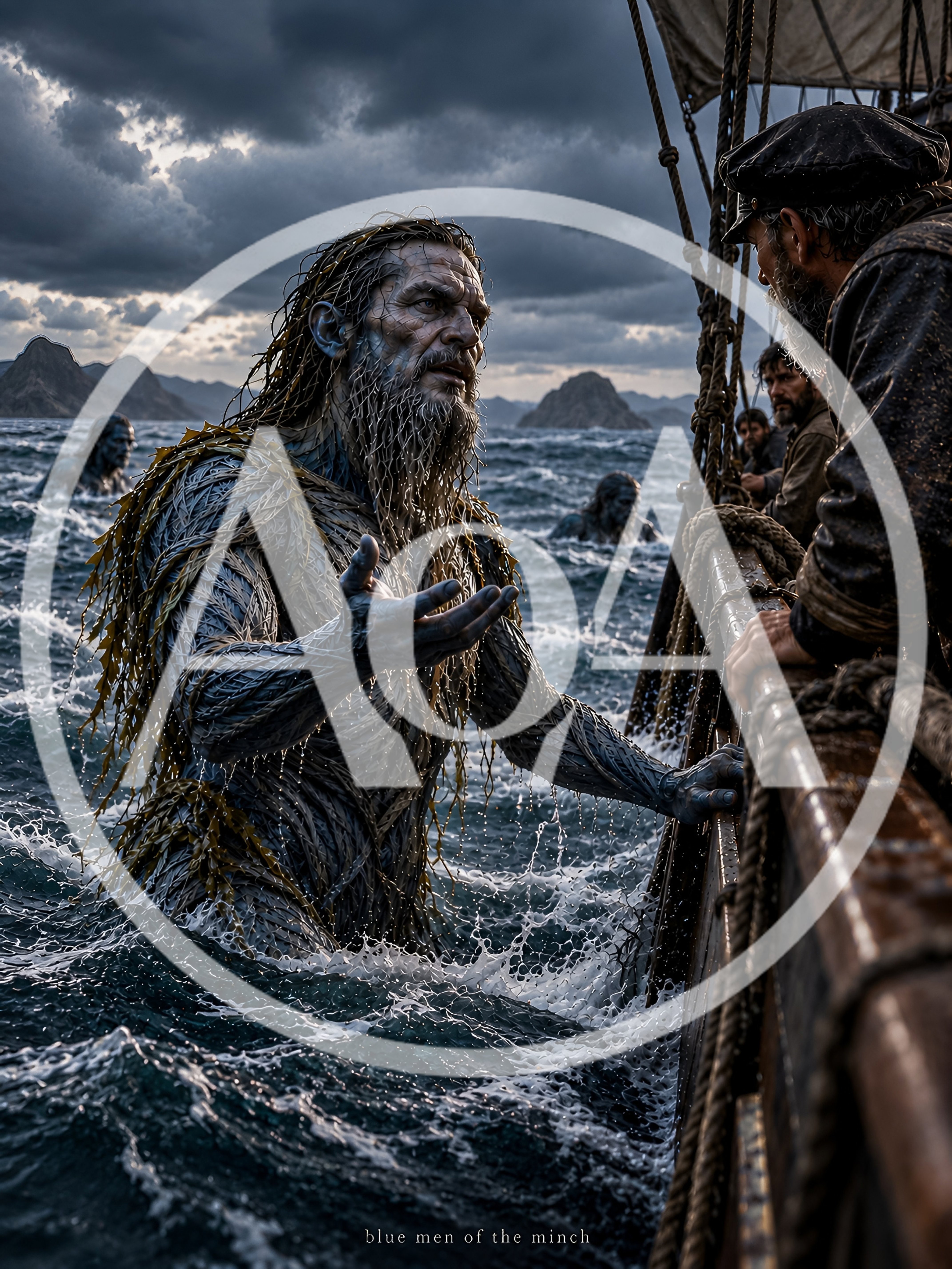 Mythical Blue Sea Men Encountering Sailors At Sea