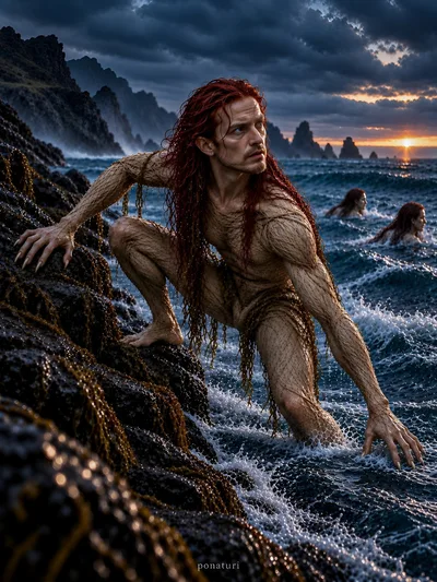 Merman Emerging From Ocean Waves Onto Rocky Shore