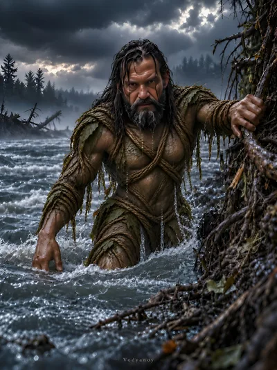 Mythical Vodyanoy Water Spirit Emerging From River