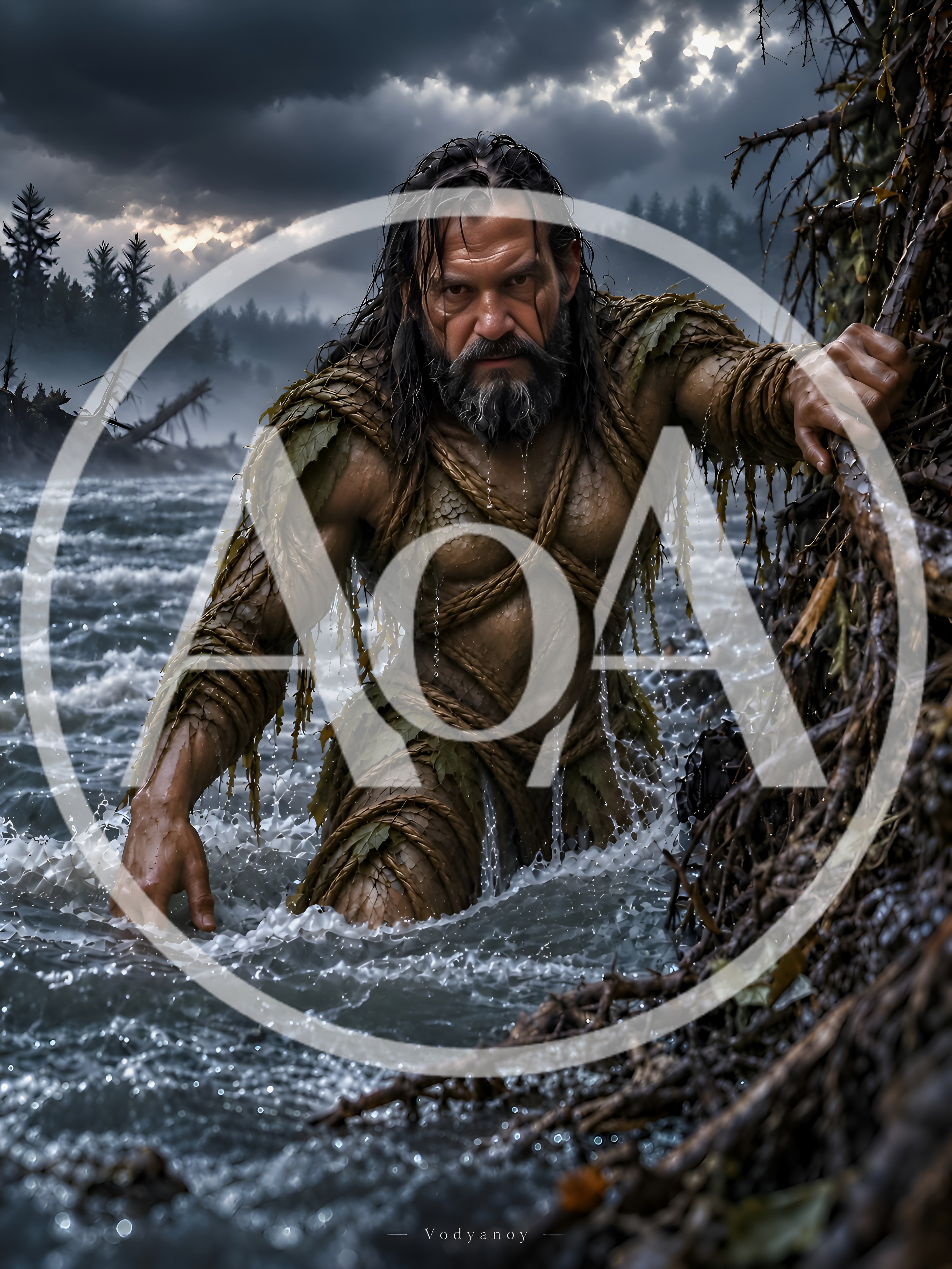 Mythical Vodyanoy Water Spirit Emerging From River