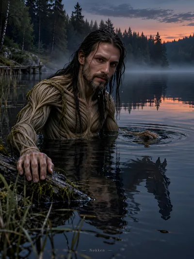 Mythical Nøkken Creature Emerging From A Misty Lake