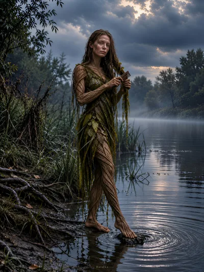 Mythical Rusalka Spirit Standing In A Misty River