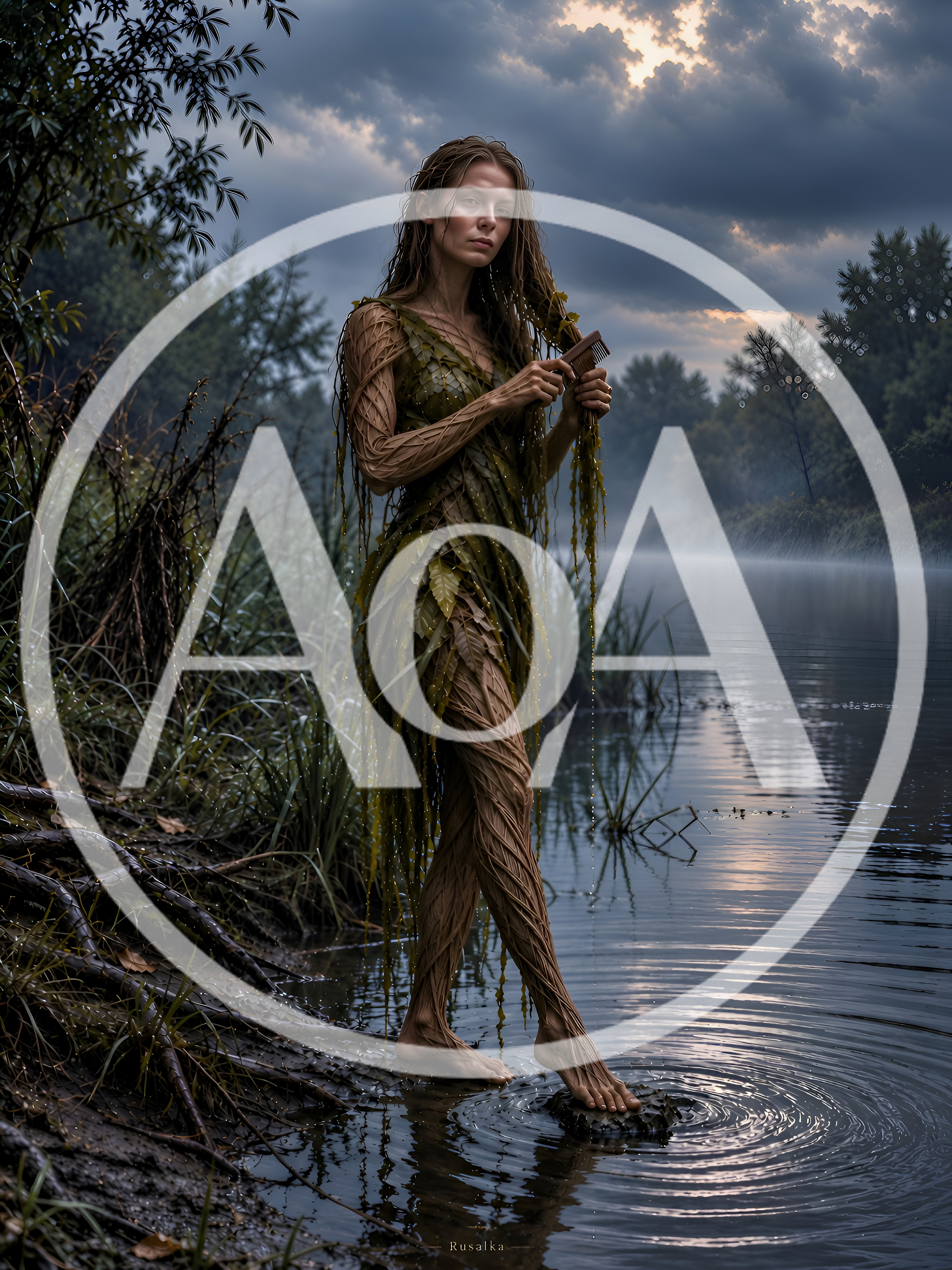 Mythical Rusalka Spirit Standing In A Misty River