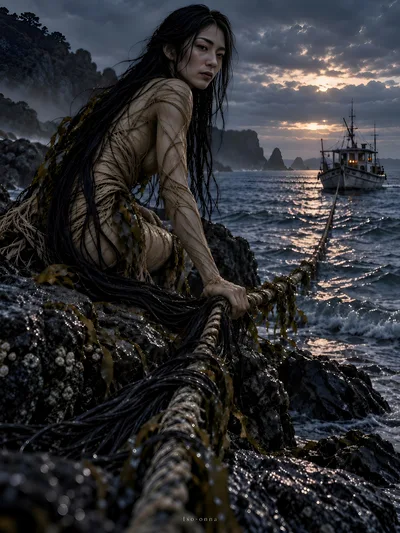 Mythical Iso-Onna Sea Spirit Holding A Mooring Rope