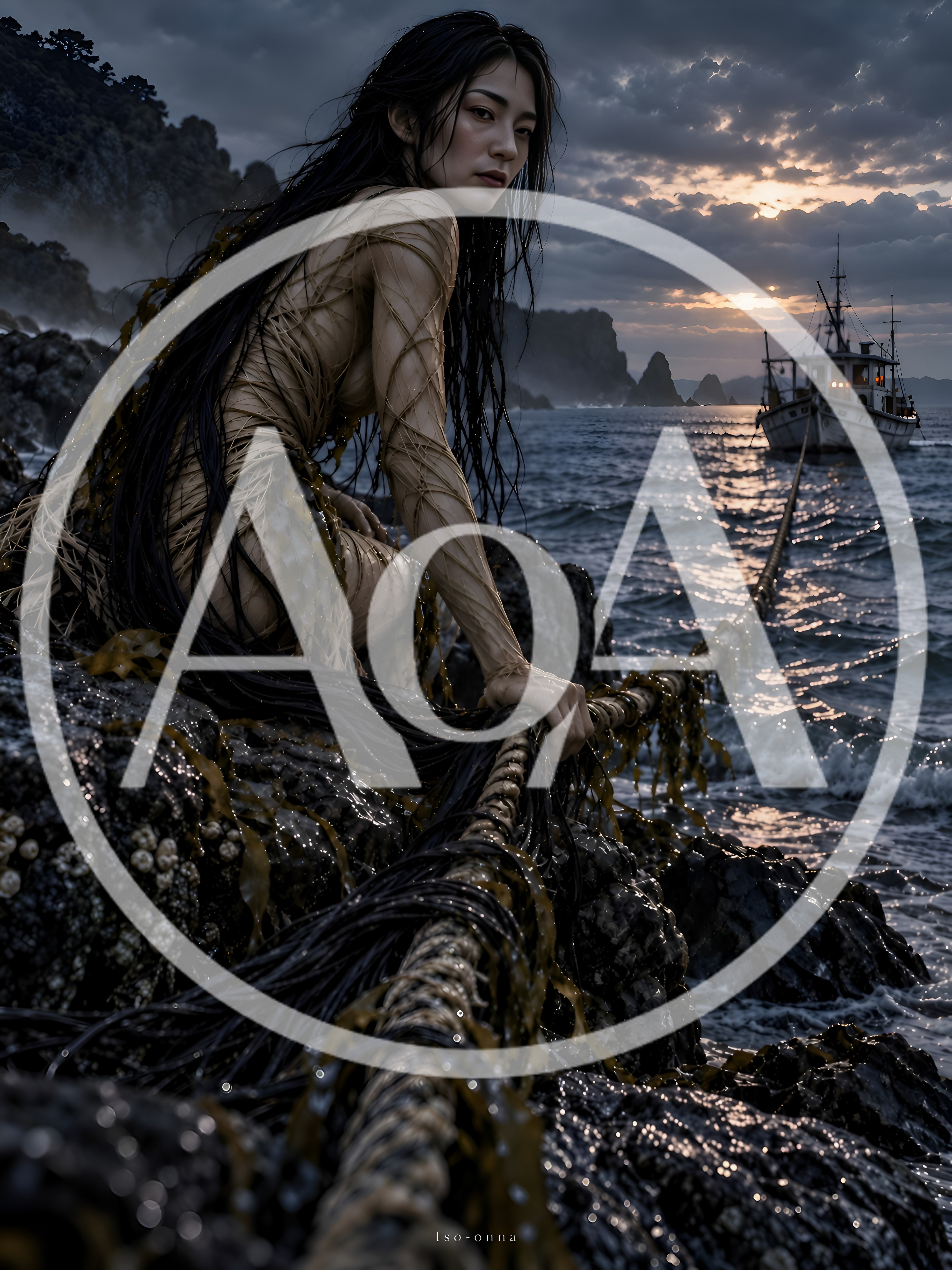 Mythical Iso-Onna Sea Spirit Holding A Mooring Rope