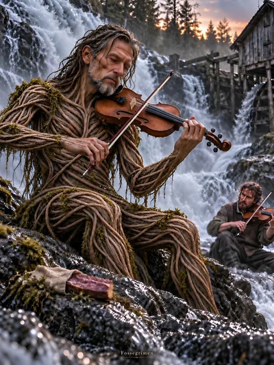 Fossegrim Playing Violin Beside A Waterfall