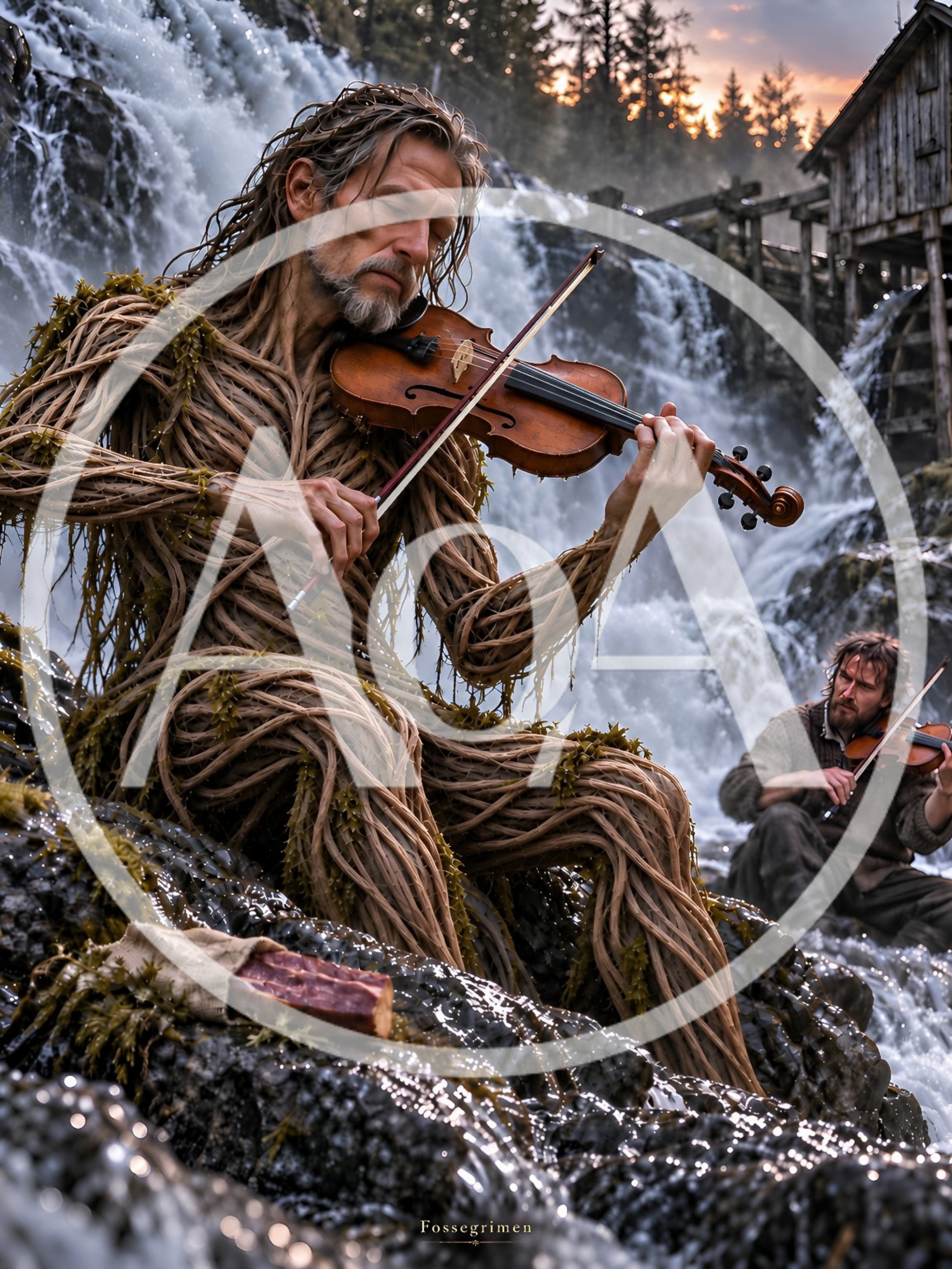Fossegrim Playing Violin Beside A Waterfall