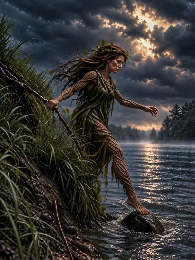 Dryad Stepping Onto A Rock In A Misty Lake