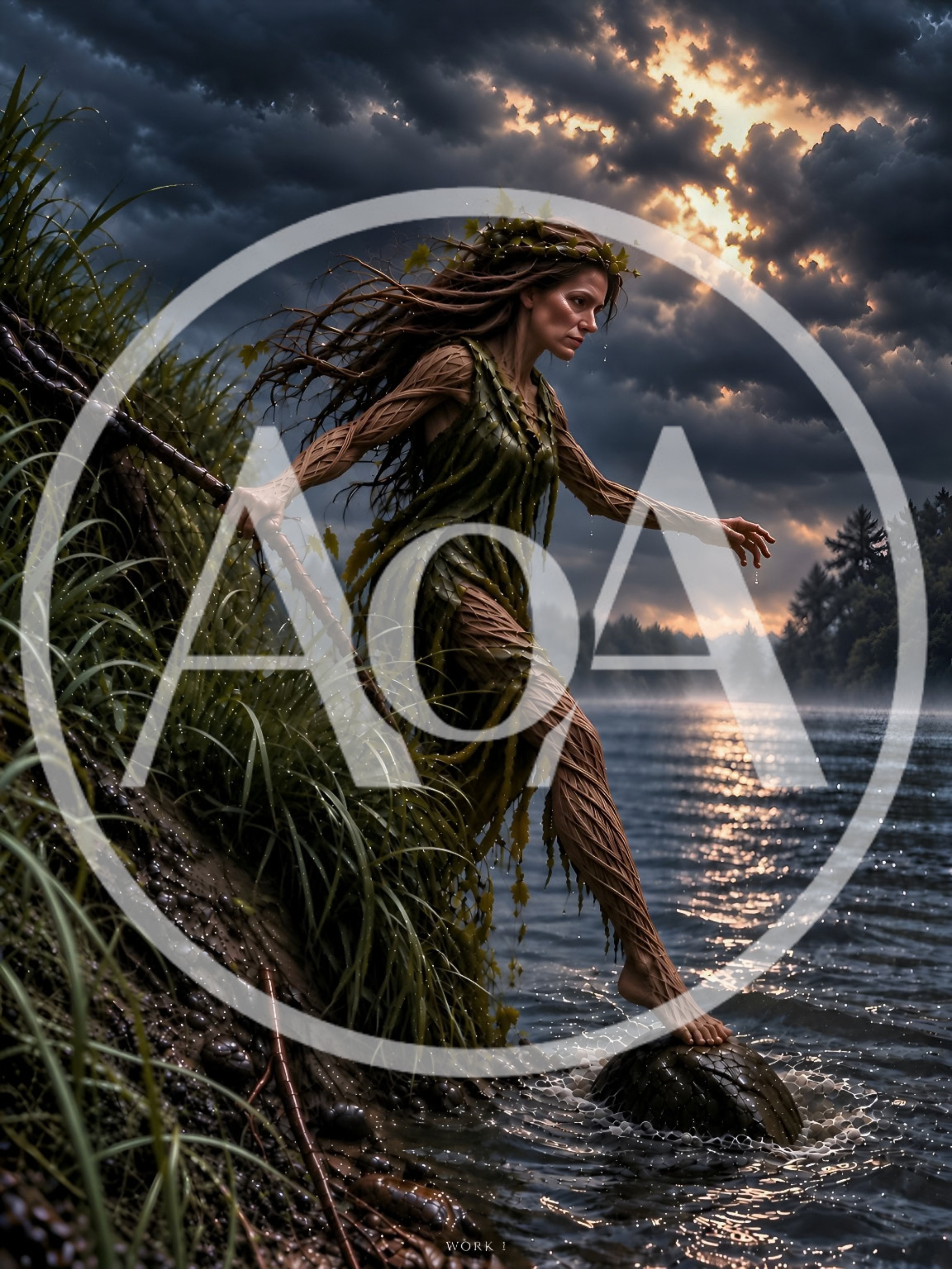 Dryad Stepping Onto A Rock In A Misty Lake